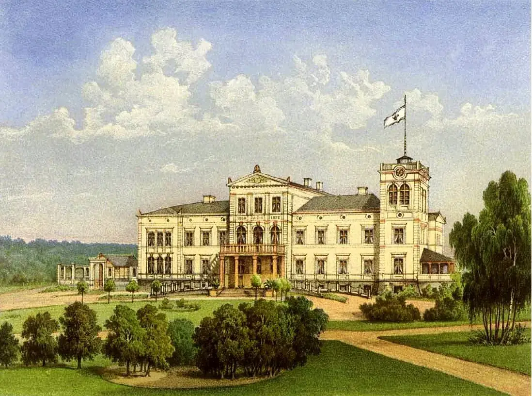 Schloss Gültz, chromolitografia z: Alexander Duncker, Die ländlichen Wohnsitze, Schlösser und Residenzen der ritterschaftlichen Grundbesitzer in der preußischen Monarchie, t. XIII, karta 763 (1873) – strona od dziedzińca z wieżą, portykiem i datami budowy 1868 · 1872 w szczycie