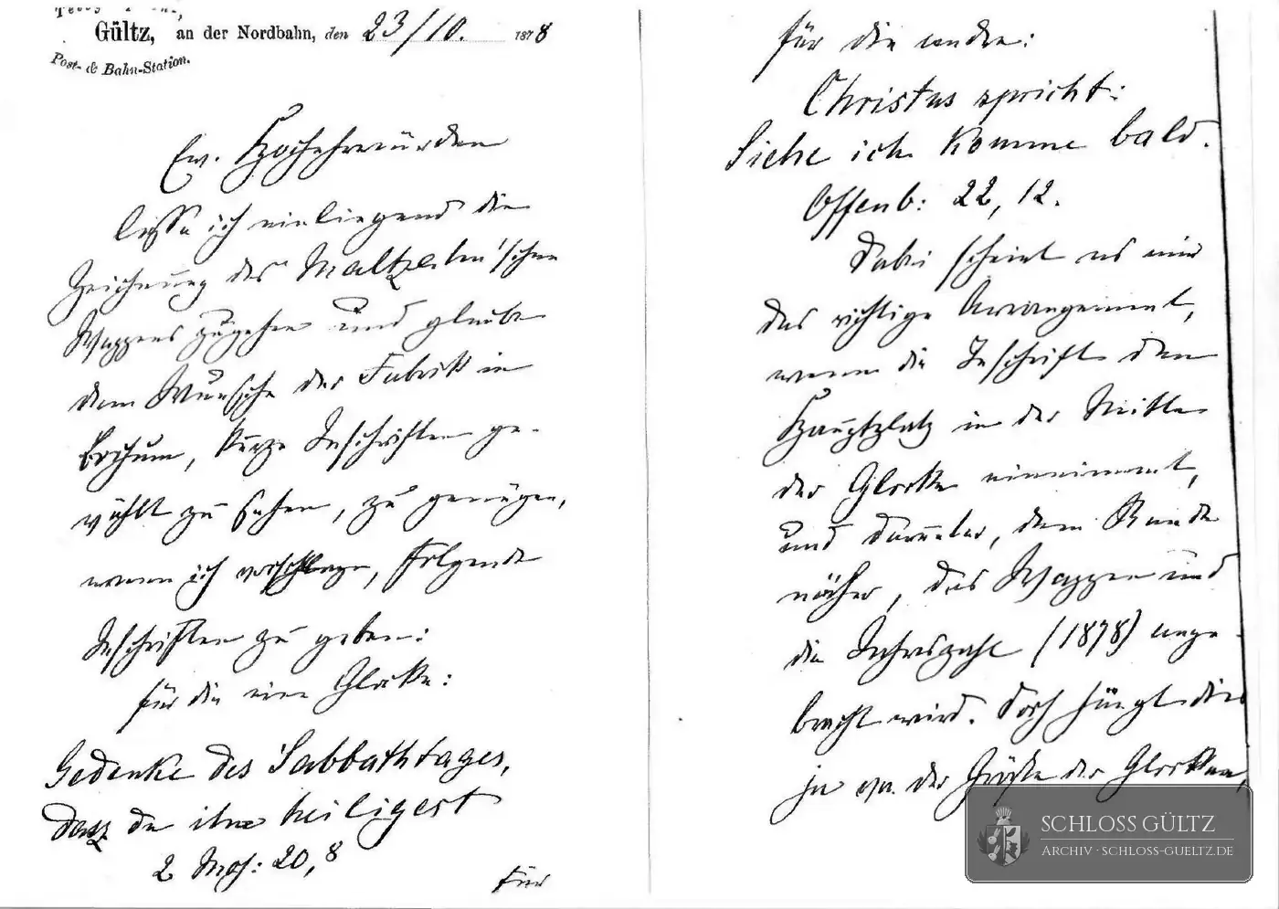 List „Gültz, an der Nordbahn”, 23 października 1878: inskrypcje na dwa dzwony ze staliwa dla kościoła w Utzedel – Archiwum Schloss Gültz