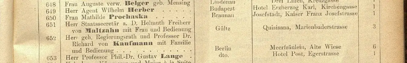 Lista kuracjuszy Karlsbadu, 13 kwietnia 1897, nr 651: sekretarz stanu w st. spocz. Helmuth Freiherr von Maltzahn z żoną i służbą, Gültz