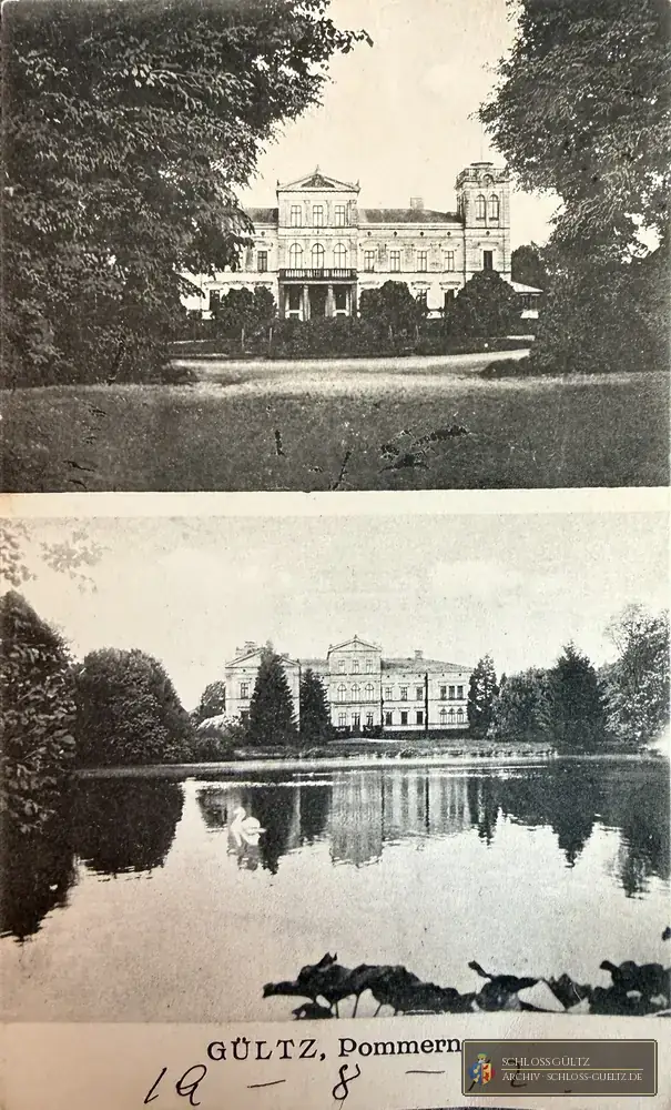 Pocztówka „Gültz, Pommern” (wydawnictwo Arnhold, Heringsdorf) ze stroną od dziedzińca i od stawu, datowana 19.8.1912 – kolekcja Michaela Schneidera