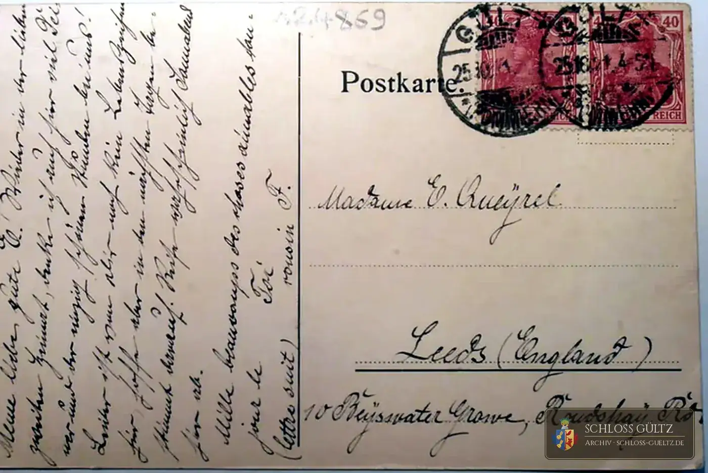 Rewers: stempel Gültz 25.10.1921, pozdrowienia od gościa rodziny z „ukochanej drugiej ojczyzny” do Leeds (Anglia)
