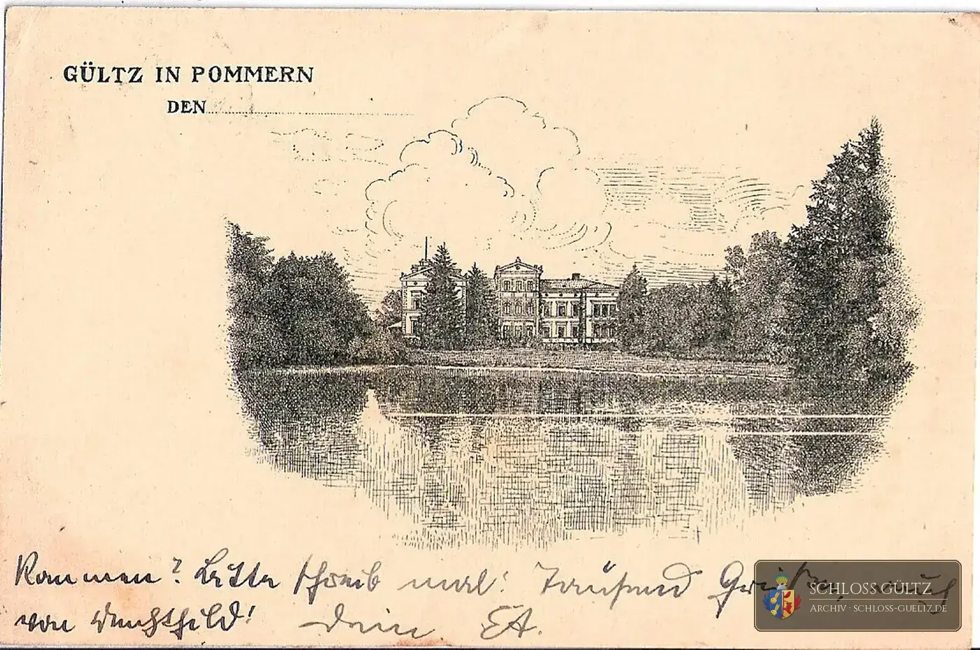 Własna pocztówka domu „Gültz in Pommern, den …” – strona od parku widziana przez staw dworski, wysłana w 1925 r.