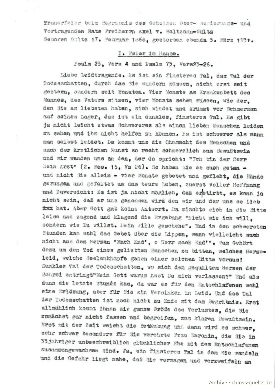 Mowy żałobne dla Axela v. Maltzahn-Gültz, marzec 1931 (odpis) – Archiwum Schloss Gültz