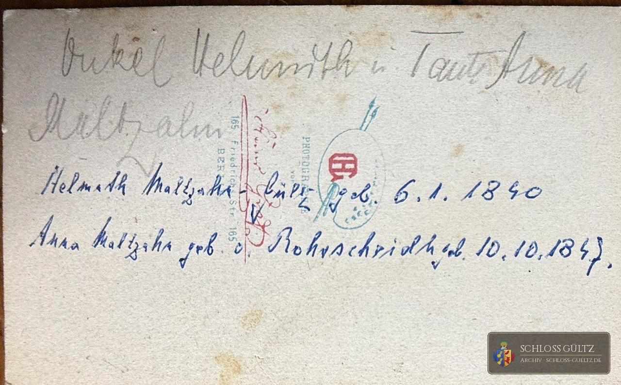 Rewers karty wizytowej: „Onkel Helmuth u. Tante Anna Maltzahn