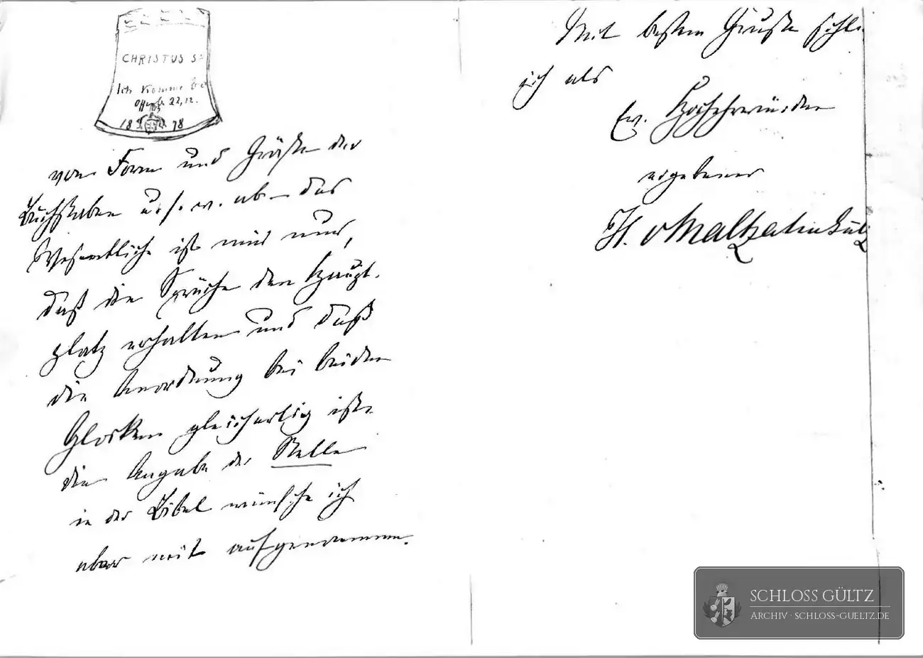 List H. v. Maltzahn-Gültz z 1878 r. ze szkicem nowego dzwonu dla Utzedel: inskrypcja, herb, rok 1878 – Archiwum Schloss Gültz