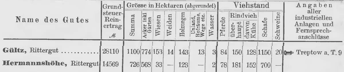 Gültz w Pommersches Güter-Adressbuch z 1905 roku: 1100 hektarów, 84 konie, 150 sztuk bydła, 1150 owiec, telefon Treptow a. T. 9
