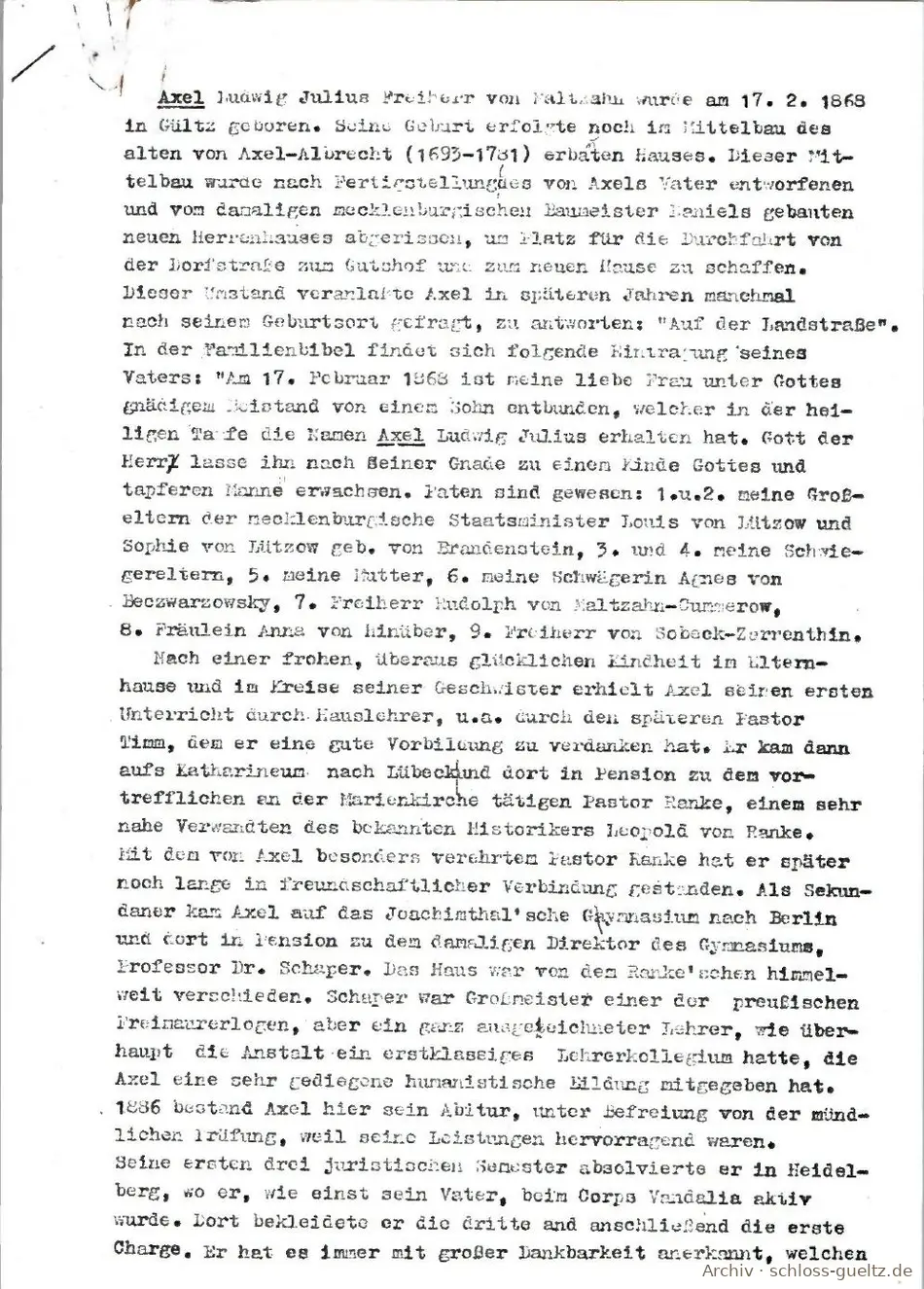Życiorys Axela Frhr. v. Maltzahna (1868–1931), pierwsza strona – maszynopis jego syna Helmutha – Archiwum Schloss Gültz