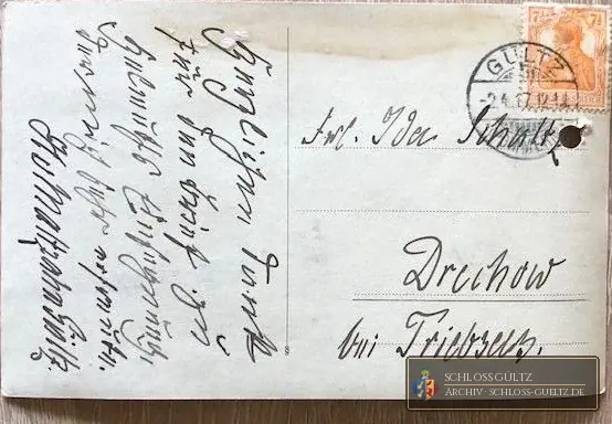 Karta, stempel pocztowy Gültz 2 kwietnia 1917, do panny Idy Schultz w Drechow koło Tribsees – podziękowanie „za list z okazji konfirmacji Helmutha”, podpisane H. v. Maltzahn-Gültz