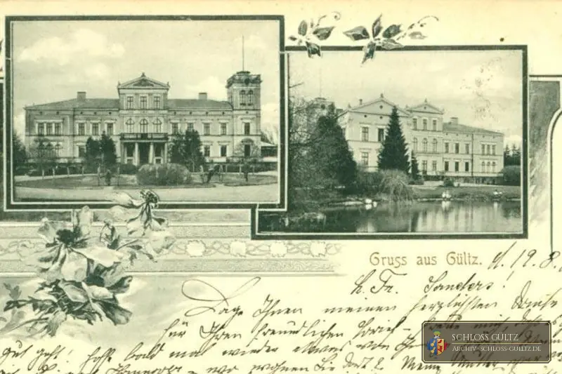 Pocztówka „Gruss aus Gültz.”, ok. 1900 – strona od dziedzińca z portykiem i wieżą, strona od parku widziana przez staw