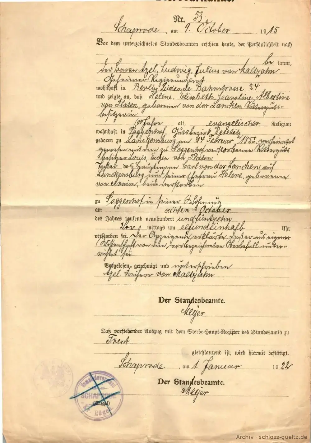 Akt zgonu Helene v. Platen z domu v. der Lancken, Poggenhof 8.10.1915, zgłoszony przez Axela v. Maltzahna – Archiwum Schloss Gültz