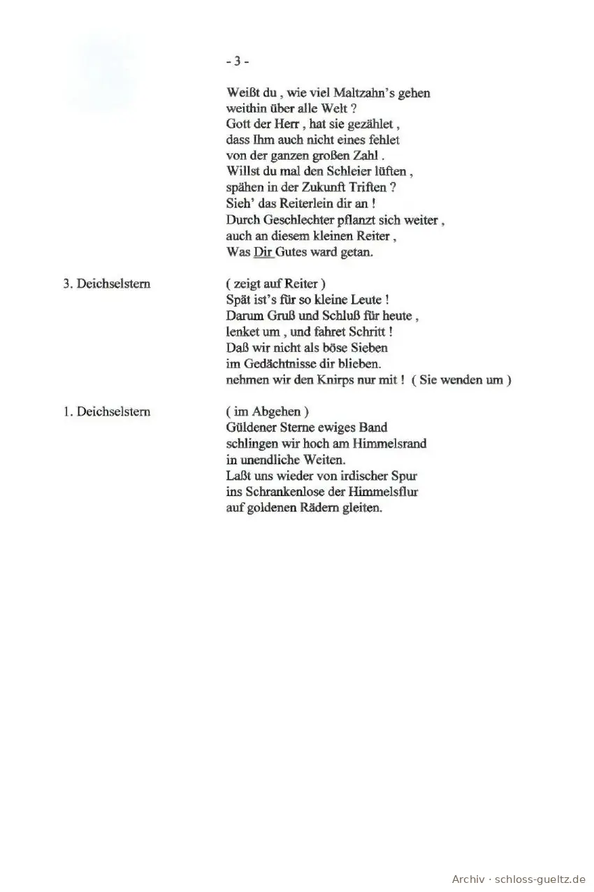 Przedstawienie urodzinowe 1928, strona 3: „Czy wiesz, ilu Maltzahnów idzie …” – Archiwum Schloss Gültz