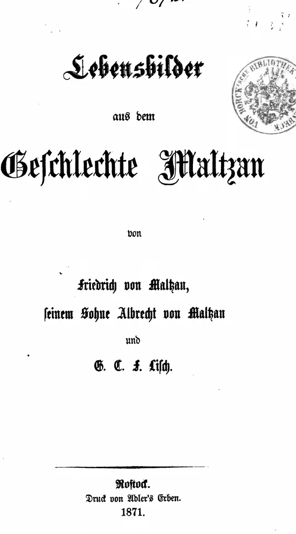 „Lebensbilder aus dem Geschlechte Maltzan”, Rostock 1871 – strona tytułowa (wersja cyfrowa Google Books, domena publiczna)