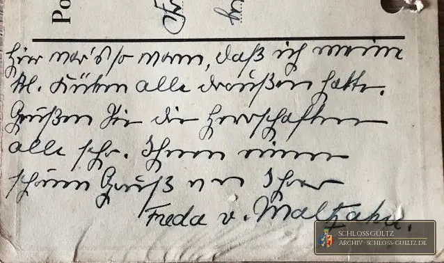 Zakończenie karty z Schossow, 1927: „Proszę pozdrowić serdecznie wszystkich Państwa” – podpis Freda v. Maltzahn