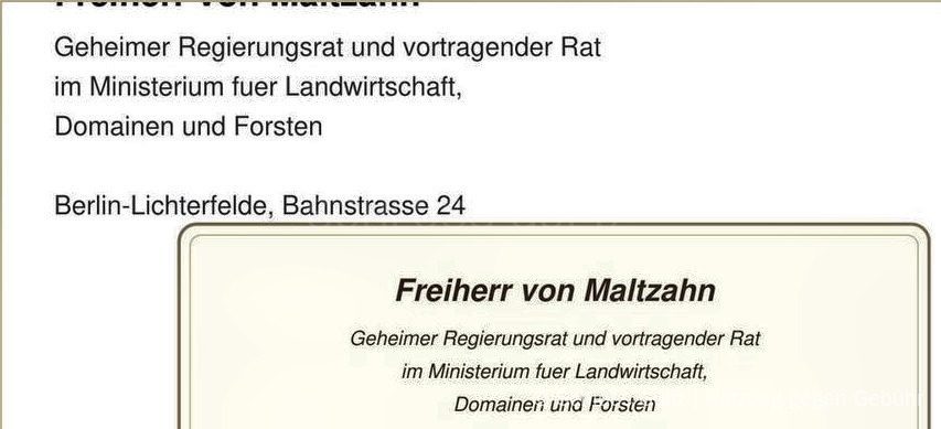 Visitenkarte: Frhr. v. Maltzahn - Geh. Regierungsrat im Ministerium (SOHN)