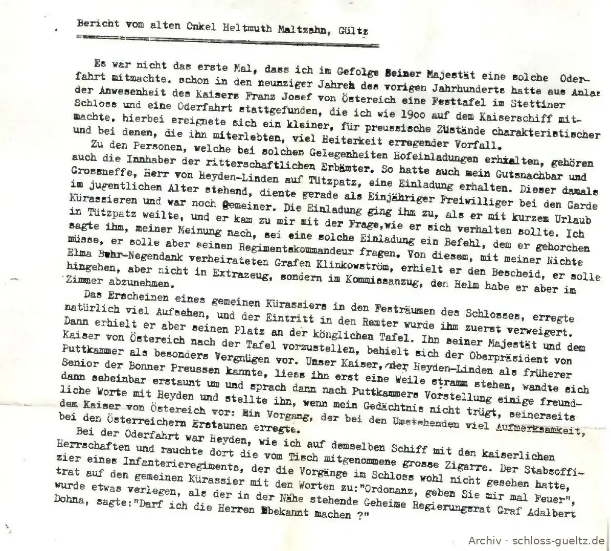 Maschinenschriftliches Blatt: Bericht vom alten Onkel Helmuth Maltzahn, Gültz, über eine Festtafel im Stettiner Schloss und eine Oderfahrt mit Kaiser Franz Joseph