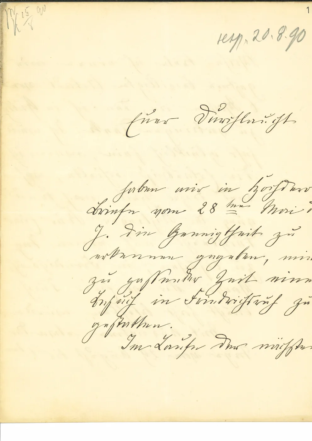 Handschriftlicher Brief, Seite 1, Anrede Euer Durchlaucht