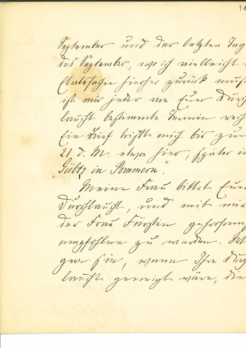 Handschriftlicher Brief, Seite 3, mit der Zeile Gültz in Pommern