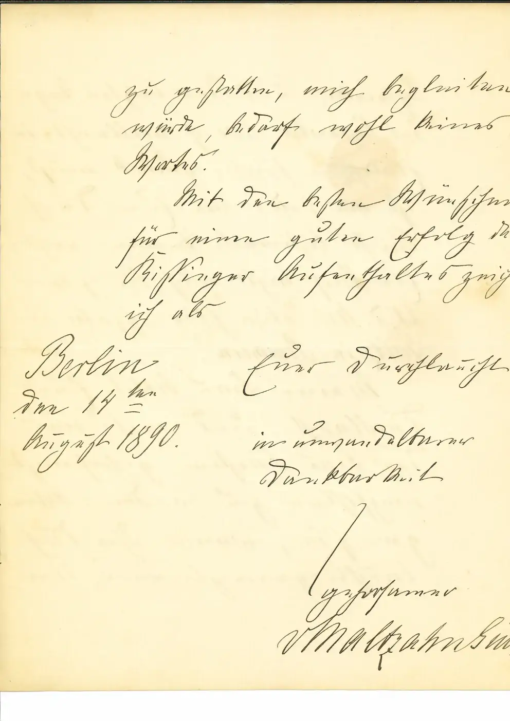 Handschriftlicher Brief, Schlussseite mit Ortsangabe Berlin, 14. August 1890, und Unterschrift v. Maltzahn-Gültz