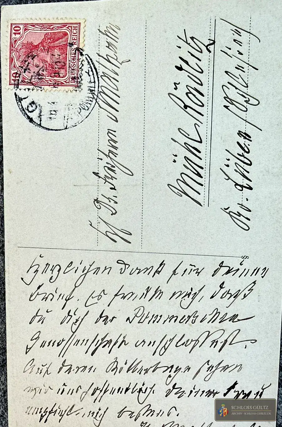Rückseite einer Postkarte in deutscher Kurrentschrift mit 10-Pfennig-Germania-Marke und Poststempel, adressiert nach Mühlrädlitz, Kreis Lüben, Schlesien