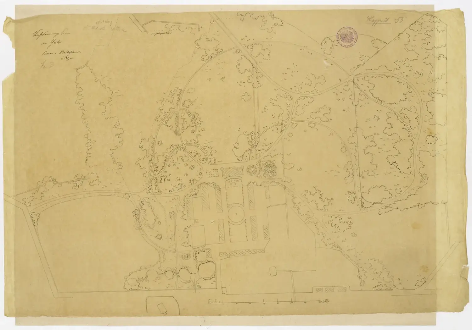 Handgezeichneter Verschönerungsplan für den Park von Gültz auf vergilbtem Transparentpapier mit Wegen, Baumgruppen und Gutsgebäuden, Stempel der Königlichen Hof-Garten-Direction Sanssouci