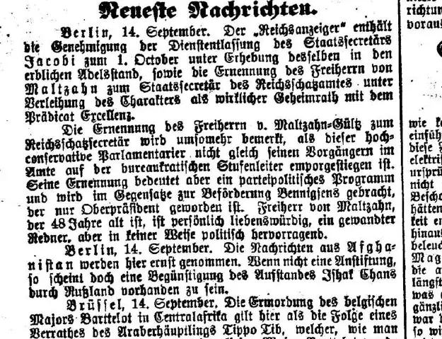 Zeitungsausschnitt in Frakturschrift: Meldung aus Berlin vom 14. September 1888 über die Ernennung des Freiherrn von Maltzahn-Gültz zum Staatssekretär des Reichsschatzamtes