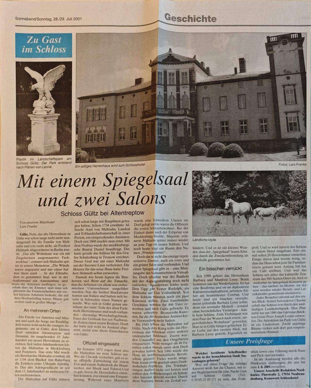 Nordkurier, 28./29. Juli 2001: „Mit einem Spiegelsaal und zwei Salons