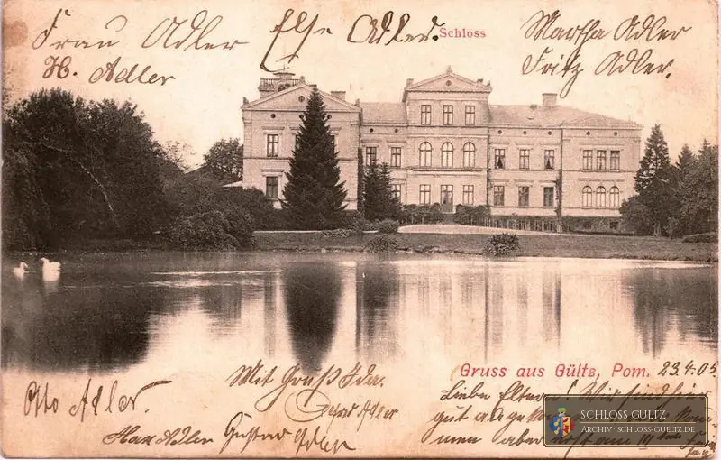 Ansichtskarte Gruss aus Gültz, Pom., 1905: Parkseite des Schlosses über den Schlossteich mit zwei Schwänen