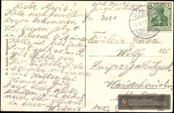 Adressseite der Ansichtskarte, Poststempel Gültz (Pomm.) 4. September 1911