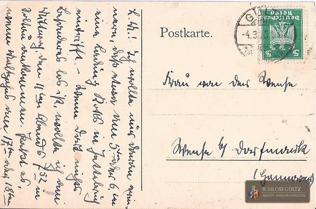Rückseite der Postkarte mit 5-Pfennig-Marke, Stempel Gültz 4. März 1925, adressiert an Frau von der Wense in Wense bei Dorfmark (Hannover)