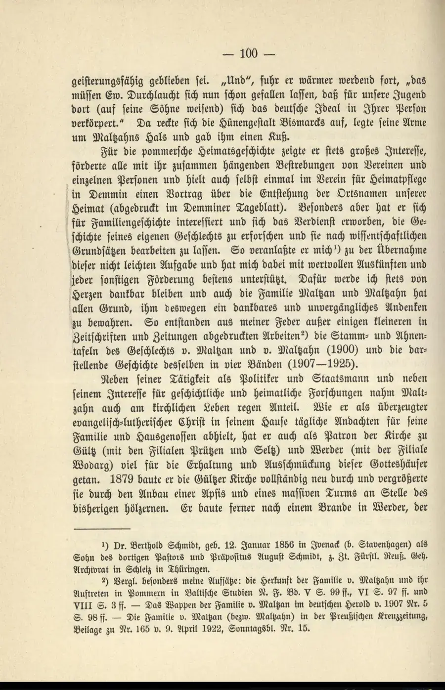 Buchseite 100 in Frakturschrift: Bismarck legte seine Arme um Maltzahns Hals und gab ihm einen Kuß