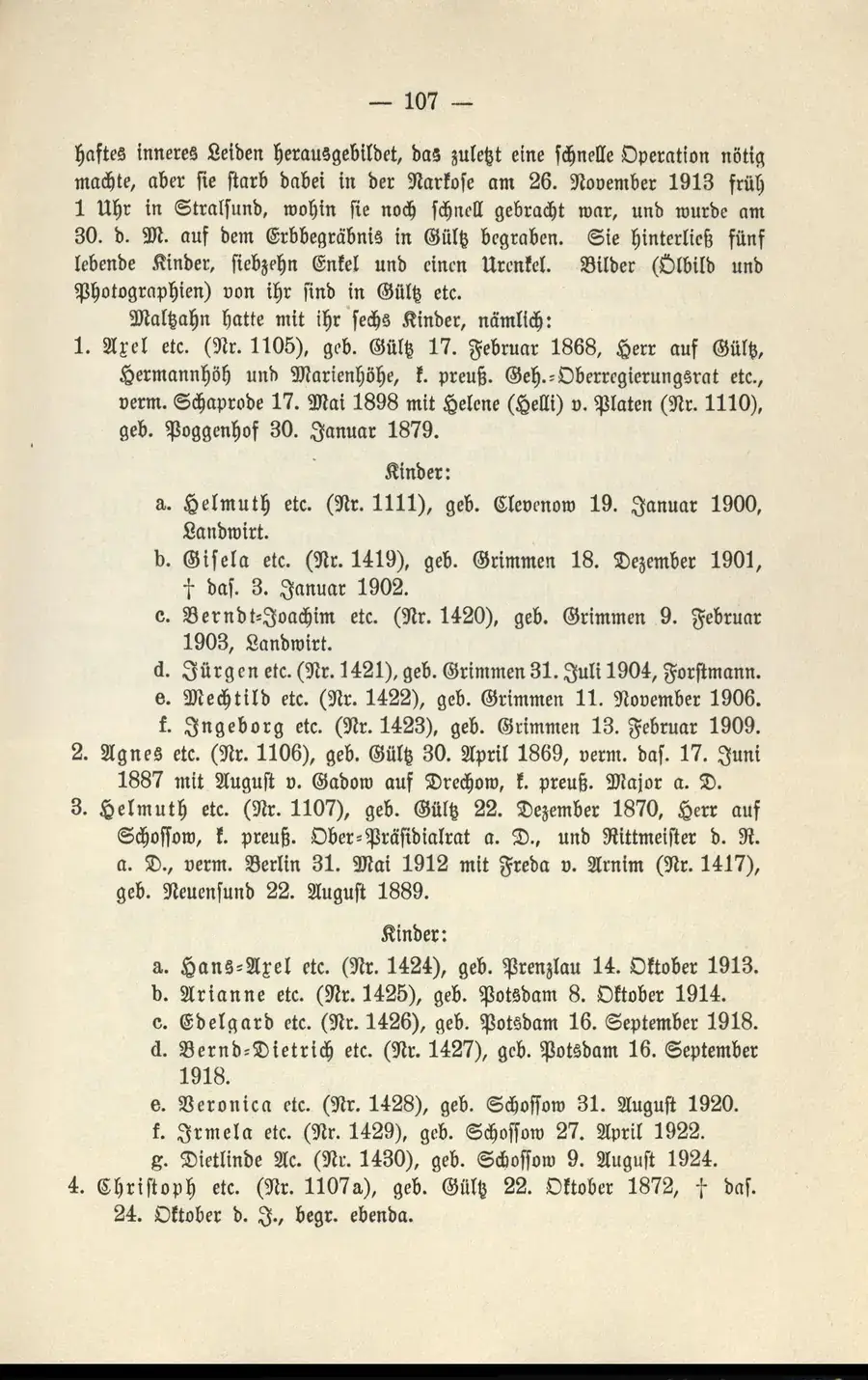Buchseite 107 in Frakturschrift mit der Liste der Kinder Helmuths von Maltzahn
