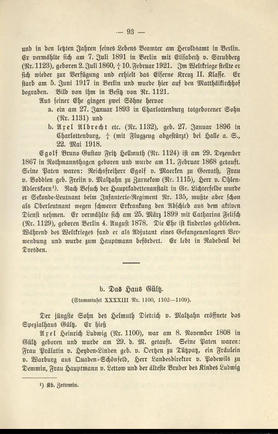 Buchseite 93 in Frakturschrift mit der Überschrift d. Das Haus Gültz