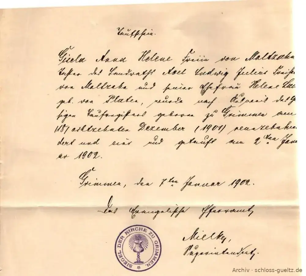 Handschriftlicher Taufschein, Grimmen 7. Januar 1902, mit violettem Siegel der Kirche zu Grimmen, unterschrieben Mielke, Superintendent